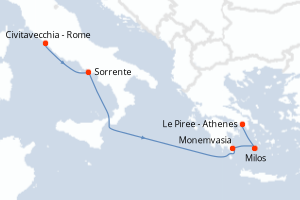 Carte itinéraire croisière Italie, Grèce - 5 jours au départ de Civitavecchia - Rome - Méditerranée