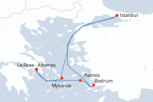 Carte itinéraire croisière Grèce, Turquie - 7 jours au départ de Le Piree - Athenes - Méditerranée
