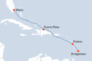 Carte itinéraire croisière États-Unis, République Dominicaine, Dominique, Barbade - 5 jours au départ de Miami - Caraïbes Bahamas