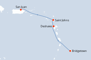 Carte itinéraire croisière Barbade, France, Antigua-et-Barbuda, Porto Rico - 3 jours au départ de Bridgetown - Caraïbes Bahamas