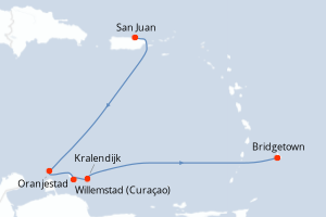 Carte itinéraire croisière Porto Rico, Aruba, Pays-Bas, Barbade - 6 jours au départ de San Juan - Caraïbes Bahamas