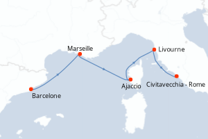 Carte itinéraire croisière Espagne, France, Italie - 4 jours au départ de Barcelone - Méditerranée