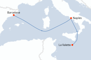 Carte itinéraire croisière Espagne, Italie, Malte - 4 jours au départ de Barcelone - Méditerranée