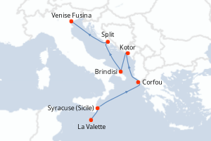 Carte itinéraire croisière Malte, Italie, Grèce, Monténégro, Croatie - 7 jours au départ de La Valette - Méditerranée