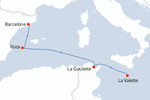 Carte itinéraire croisière Malte, Tunisie, Espagne - 4 jours au départ de La Valette - Méditerranée