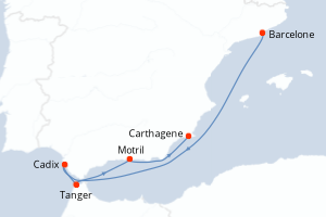 Carte itinéraire croisière Espagne, Maroc - 5 jours au départ de Barcelone - Méditerranée