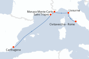 Carte itinéraire croisière Espagne, France, Monaco, Italie - 5 jours au départ de Carthagene - Méditerranée