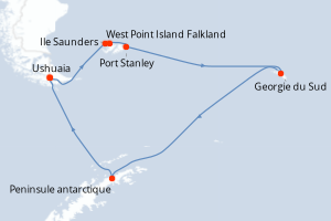 Carte itinéraire croisière Argentine, Îles Malouines, Royaume-Uni, Antarctique - 18 jours au départ de Ushuaia - Antarctique