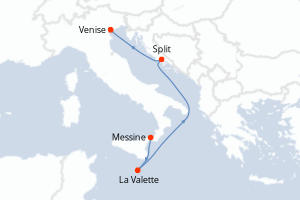 Carte itinéraire croisière Italie, Malte, Croatie - 4 jours au départ de Messine - Méditerranée