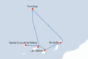 Carte itinéraire croisière Portugal, Espagne - 7 jours au départ de Funchal - Iles Canaries