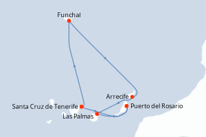 Carte itinéraire croisière Portugal, Espagne - 7 jours au départ de Santa Cruz de Tenerife - Iles Canaries