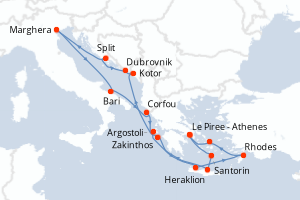 Carte itinéraire croisière Grèce, Montenegro, Croatie, Italie - 14 jours au départ de Le Piree - Athenes - Méditerranée
