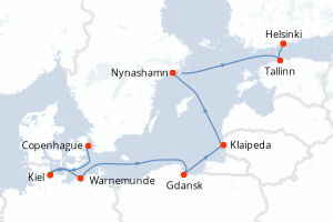 Carte itinéraire croisière Danemark, Allemagne, Pologne, Lituanie, Suède, Estonie, Finlande - 7 jours au départ de Copenhague - Baltique