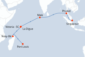 Carte itinéraire croisière Singapour, Thaïlande, Maldives, Seychelles, Madagascar, Maurice - 16 jours au départ de Singapour - Mer Rouge Océan Indien