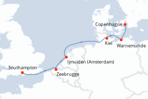 Carte itinéraire croisière Royaume-Uni, Belgique, Pays-Bas, Allemagne, Danemark - 7 jours au départ de Southampton - Europe du Nord