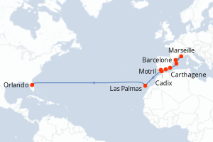 Carte itinéraire croisière Espagne, France, Maroc, États-Unis - 16 jours au départ de Barcelone - Transatlantique