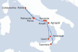 Carte itinéraire croisière Amalfi et Sicile - 7 jours au départ de Civitavecchia - Rome - Méditerranée