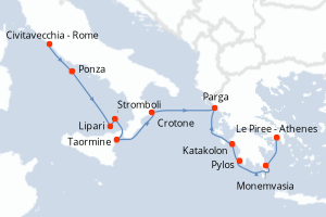 Carte itinéraire croisière De Rome à Athènes - 9 jours au départ de Civitavecchia - Rome - Méditerranée