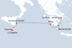 Carte itinéraire croisière Sicile et Grèce - 6 jours au départ de Le Piree - Athenes - Méditerranée