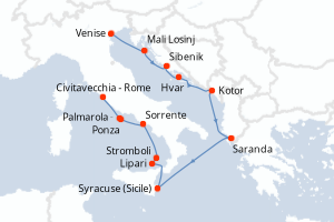 Carte itinéraire croisière Italie, Monténégro, Albanie et Croatie - 11 jours au départ de Venise - Méditerranée