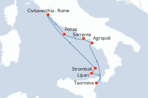 Carte itinéraire croisière Icônes de la côte italienne - 7 jours au départ de Civitavecchia - Rome - Méditerranée