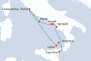 Carte itinéraire croisière Les joyaux du sud de l?Italie - 8 jours au départ de Civitavecchia - Rome - Méditerranée