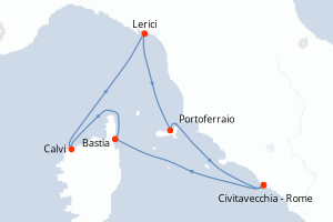 Carte itinéraire croisière Corse et Italie - 5 jours au départ de Civitavecchia - Rome - Méditerranée