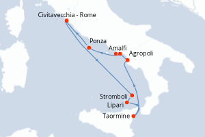 Carte itinéraire croisière Les joyaux du sud de l?Italie - 8 jours au départ de Civitavecchia - Rome - Méditerranée