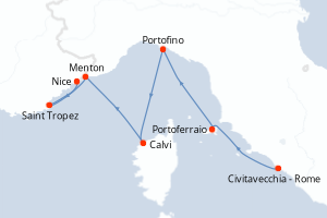 Carte itinéraire croisière Voiles de St. Tropez - 7 jours au départ de Civitavecchia - Rome - Méditerranée