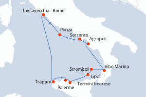 Carte itinéraire croisière La Sicile dévoilée avec les trésors de l?Italie - 10 jours au départ de Civitavecchia - Rome - Méditerranée
