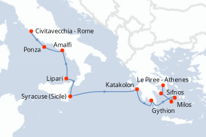 Carte itinéraire croisière De Rome à Athènes - 11 jours au départ de Civitavecchia - Rome - Méditerranée