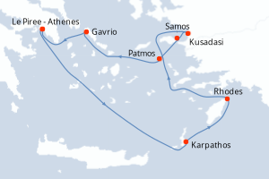 Carte itinéraire croisière Odyssée des îles grecques - 7 jours au départ de Le Piree - Athenes - Méditerranée