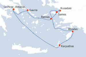 Carte itinéraire croisière Odyssée des îles grecques - 7 jours au départ de Le Piree - Athenes - Méditerranée