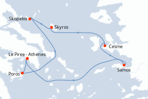 Carte itinéraire croisière Joyaux de l?Égée - 7 jours au départ de Le Piree - Athenes - Méditerranée