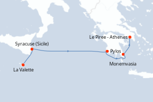 Carte itinéraire croisière Sicile et Grèce - 5 jours au départ de La Valette - Méditerranée