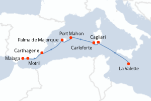 Carte itinéraire croisière Malte, Baléares et Espagne - 10 jours au départ de La Valette - Méditerranée