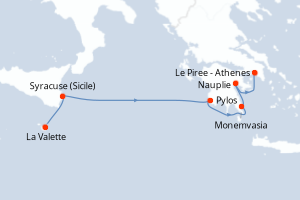 Carte itinéraire croisière Sicile et Grèce - 6 jours au départ de La Valette - Méditerranée