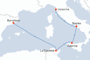 Carte itinéraire croisière Espagne, Tunisie, Italie - 5 jours au départ de Barcelone - Méditerranée
