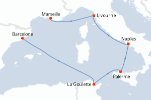 Carte itinéraire croisière Espagne, Tunisie, Italie, France - 6 jours au départ de Barcelone - Méditerranée
