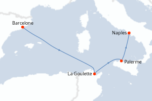 Carte itinéraire croisière Espagne, Tunisie, Italie - 4 jours au départ de Barcelone - Méditerranée