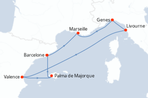 Carte itinéraire croisière Espagne, France, Italie - 7 jours au départ de Barcelone - Méditerranée