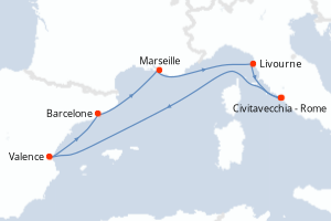 Carte itinéraire croisière Italie, Espagne, France - 6 jours au départ de Civitavecchia - Rome - Méditerranée