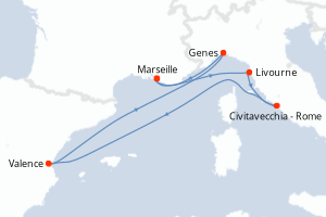 Carte itinéraire croisière France, Italie, Espagne - 7 jours au départ de Marseille - Méditerranée
