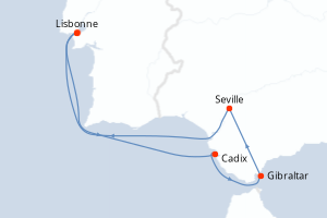 Carte itinéraire croisière Portugal, Espagne, Royaume-Uni - 6 jours au départ de Lisbonne - Atlantique