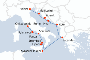 Carte itinéraire croisière Italy, Montenegro, Albania et Croatia - 11 jours au départ de Venise - Méditerranée