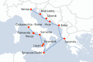 Carte itinéraire croisière Italie, Monténégro, Albanie et Croatie - 11 jours au départ de Venise - Méditerranée