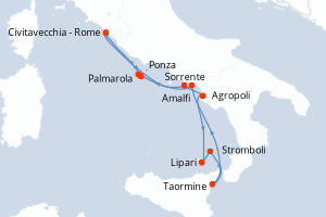 Carte itinéraire croisière Amalfi et Sicile - 7 jours au départ de Civitavecchia - Rome - Méditerranée