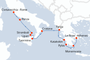 Carte itinéraire croisière De Rome à Athènes - 9 jours au départ de Civitavecchia - Rome - Méditerranée