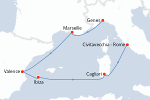 Carte itinéraire croisière France, Espagne, Italie - 6 jours au départ de Genes - Méditerranée