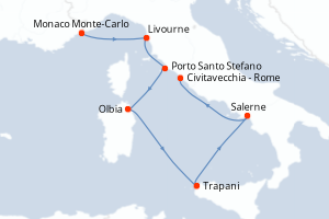 Carte itinéraire croisière Monaco, Italie - 6 jours au départ de Monaco Monte-Carlo - Méditerranée